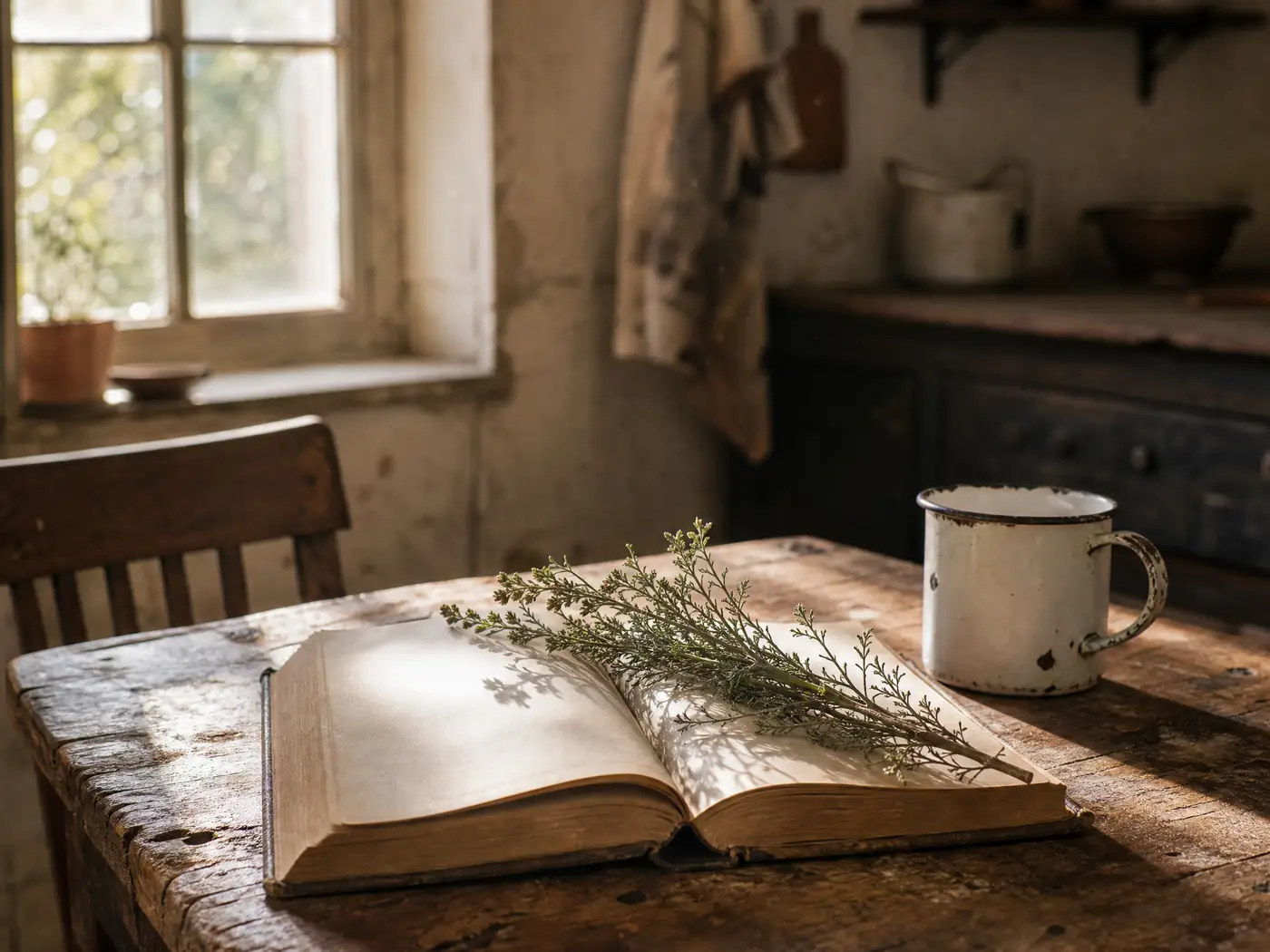 Die boek oop op 'n kombuistafel met 'n takkie wilde-als en 'n emaljebeker